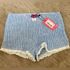 NWT Edikted Blue and White Gingham Seersucker Micro Shorts with Lace Trim